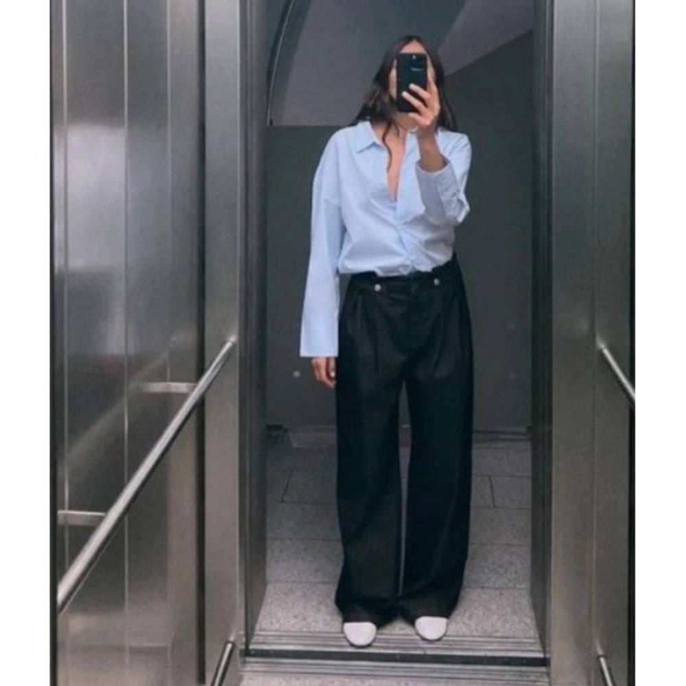 WIDE LEG HIGH WAISTED DENIM PANTS DARK WASH BUTTON DETAIL